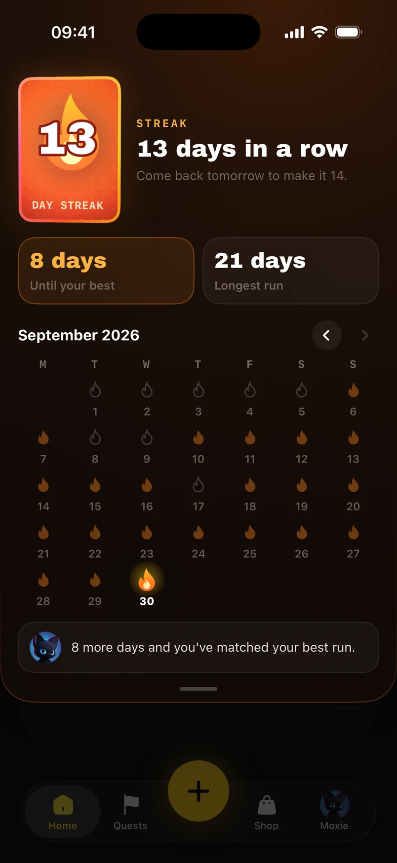 The streak calendar in Moxie