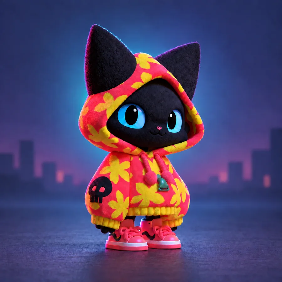 Moxie in the flower hood, standing in the city
