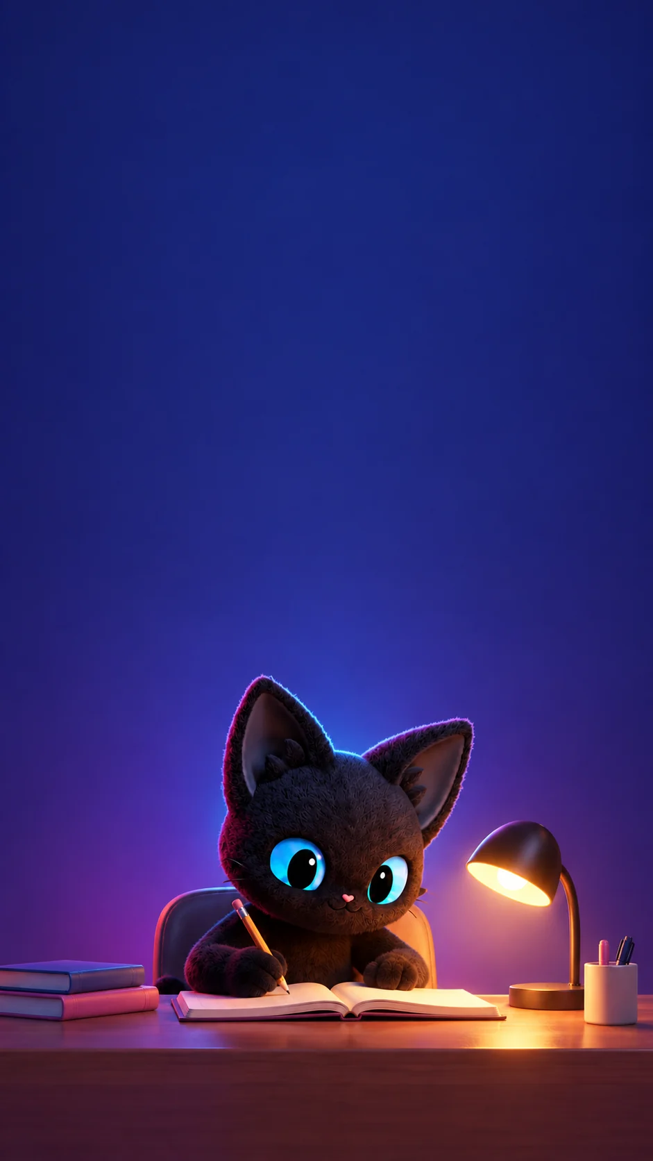 Moxie studying at a desk by lamplight